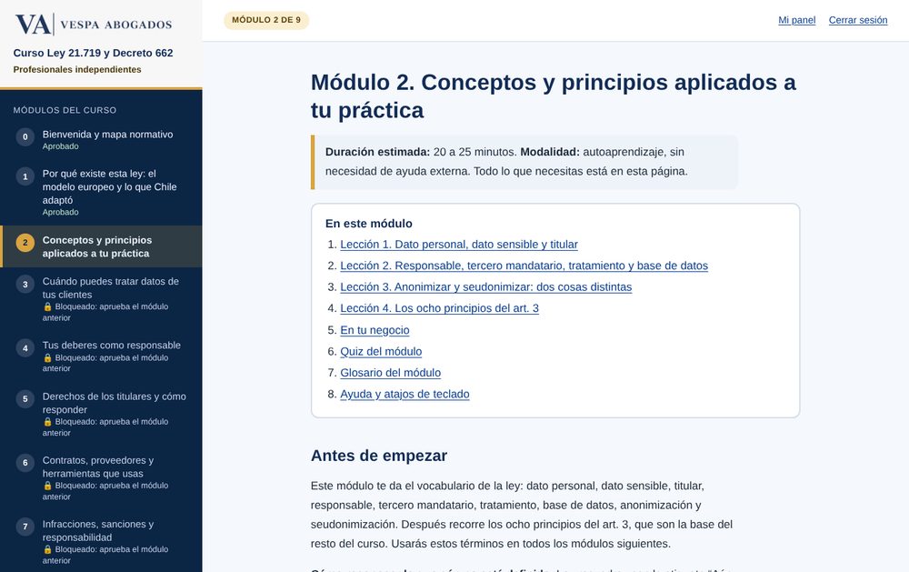 Captura de un módulo del curso: menú lateral con los 10 módulos y el avance, y el contenido del módulo 2 con su índice
